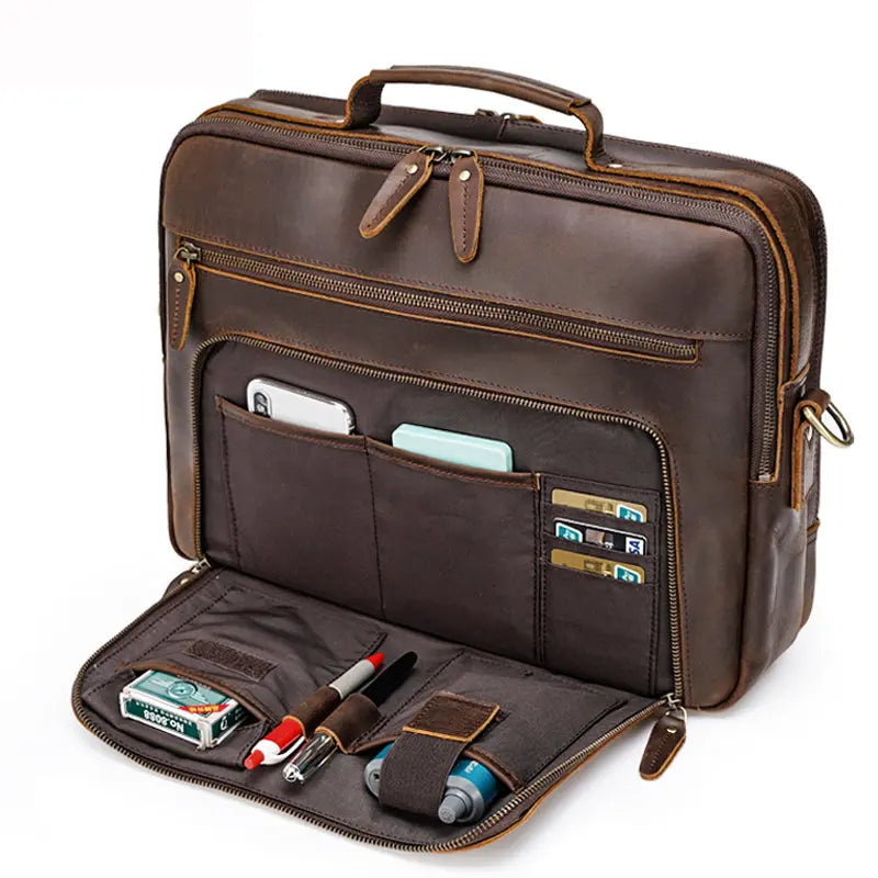 TIDING Dropshipping Men Crazy Horse Leather 15.6 Inch Laptop Bags Briefcase Genuine Leather Business Office Briefcase Bag - Suncollections
